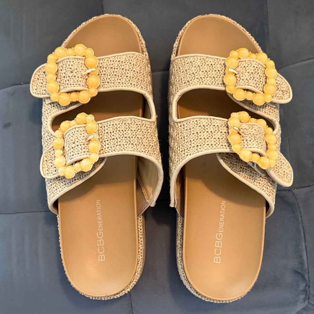 BCBGeneration Textured Cream Sandals with Yellow Accents